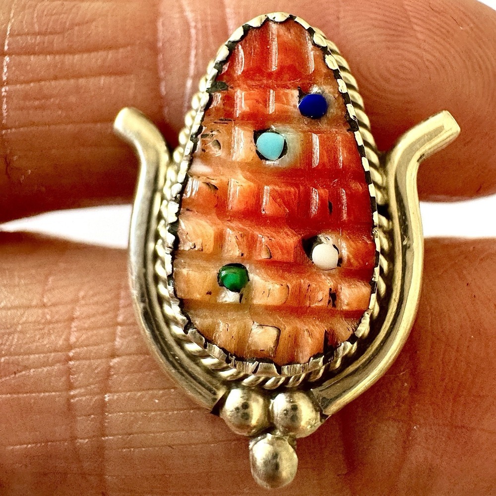 Zuni Corn Ring Sz 7.5 Carved Turquoise Orange Spiny Sterling Signed Inlay Native